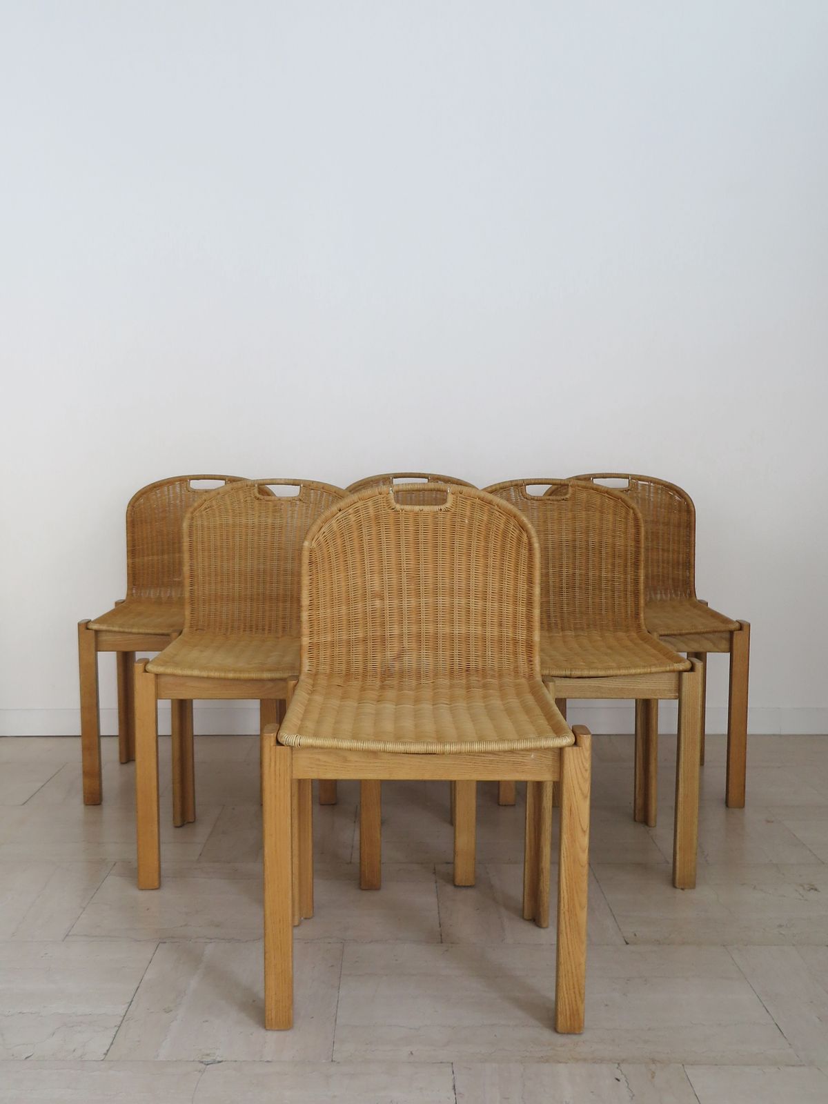 Luciano Bertoncini For Bellato Italian Wood And Wicker Dining Chairs 1970s photo furniture