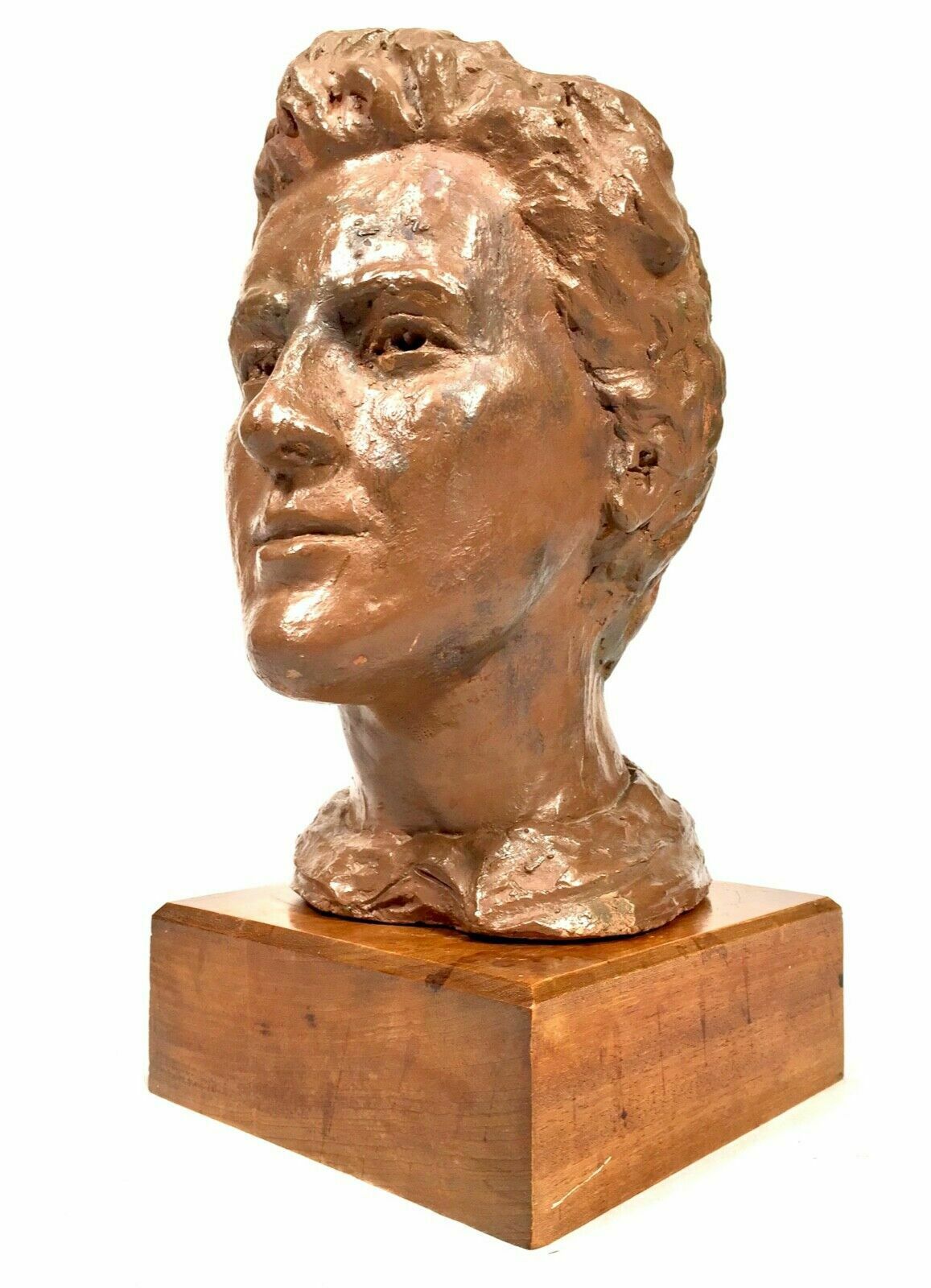 Antique Sculpture 1930s Artists Clay Head On Display Stand With Exhibition Label photo Art