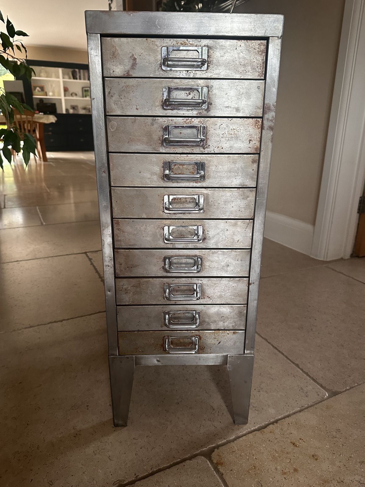 Rare Reclaimed Vintage 1940s Stripped Steel 10 Drawer Filing Cabinet With Chrome Handles