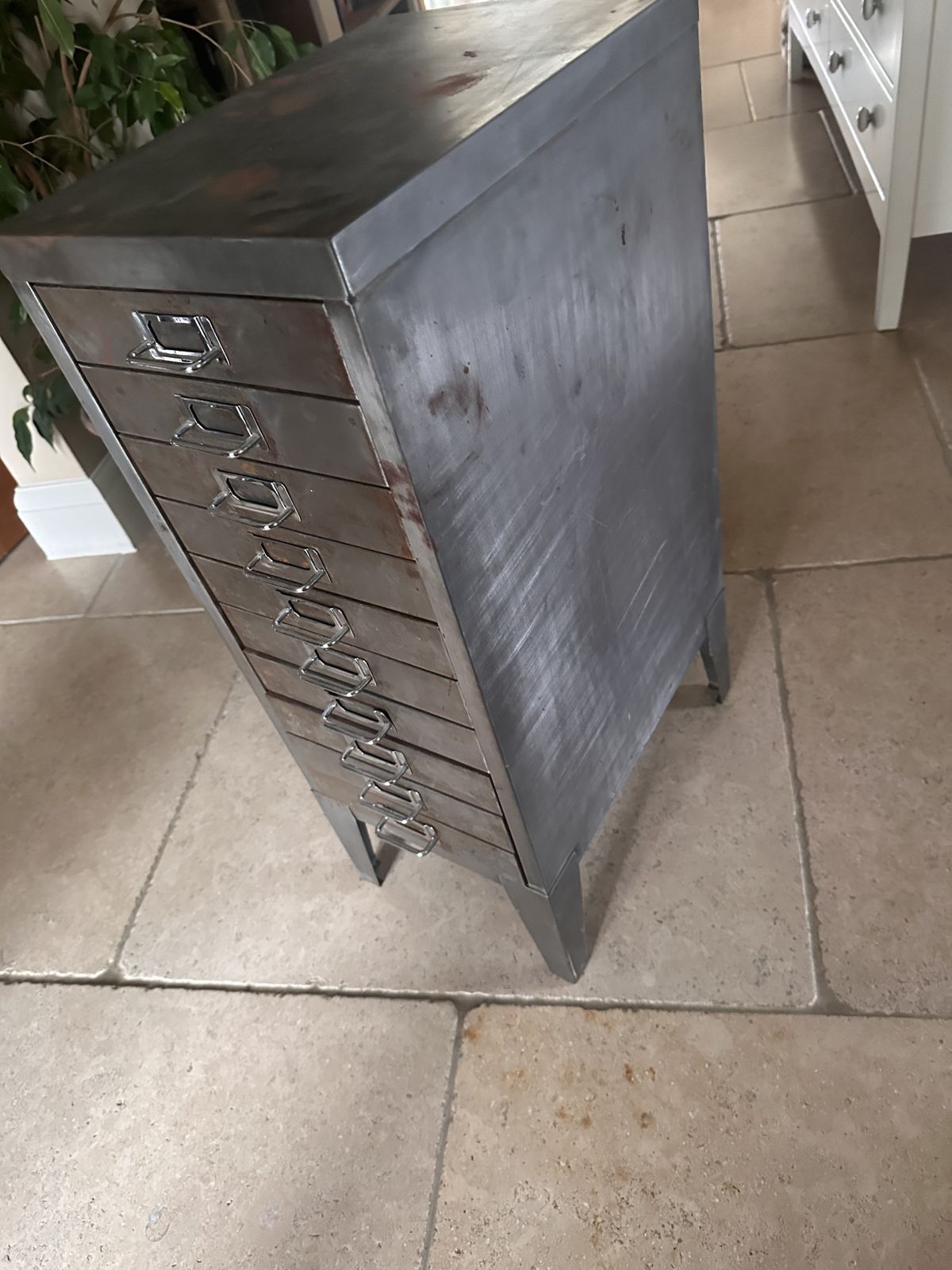 Rare Reclaimed Vintage 1940s Stripped Steel 10 Drawer Filing Cabinet With Chrome Handles photo 275.0