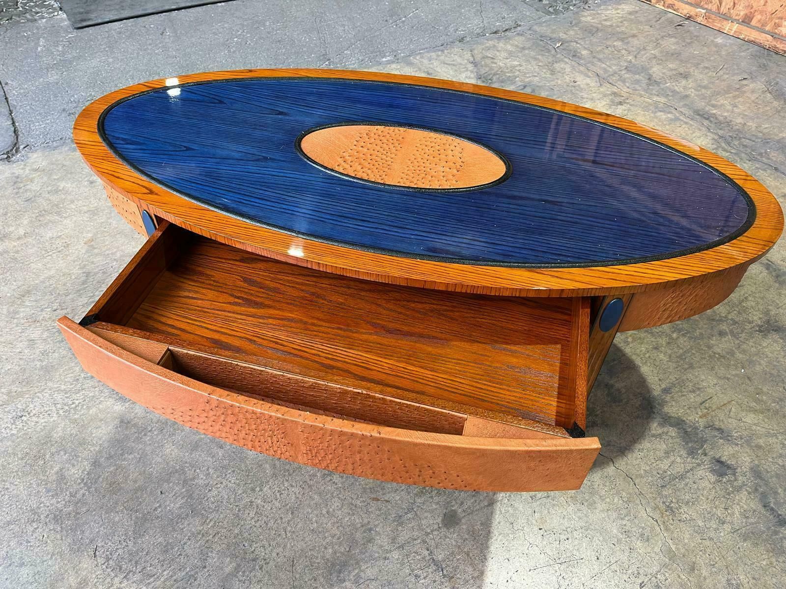 Oval Table With Dyed Blue Top And Oval Insert In Tan Coloured Ostrich Skin photo furniture