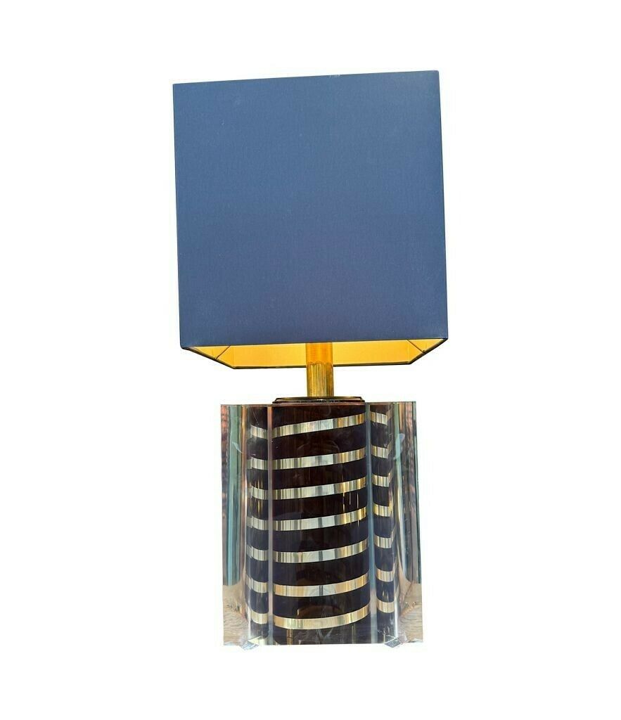 A Large Italian 1970s Romeo Rega Lucite And Brass Lamp With Chocolate And Chrome Stripes photo Lighting