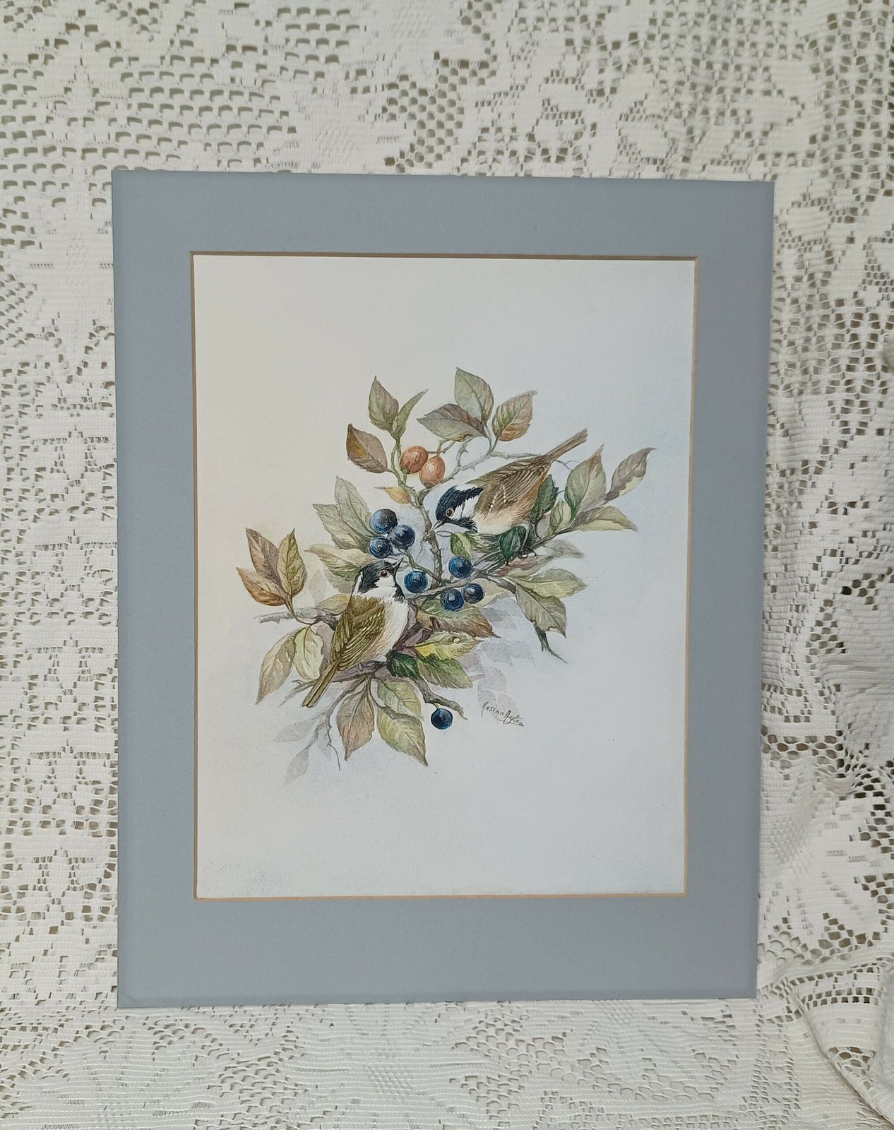 Original Watercolour Painting Wild Birds Amongst The Blue Sloe Berries And Red Rose Hips Signed Unframed. photo vinterior