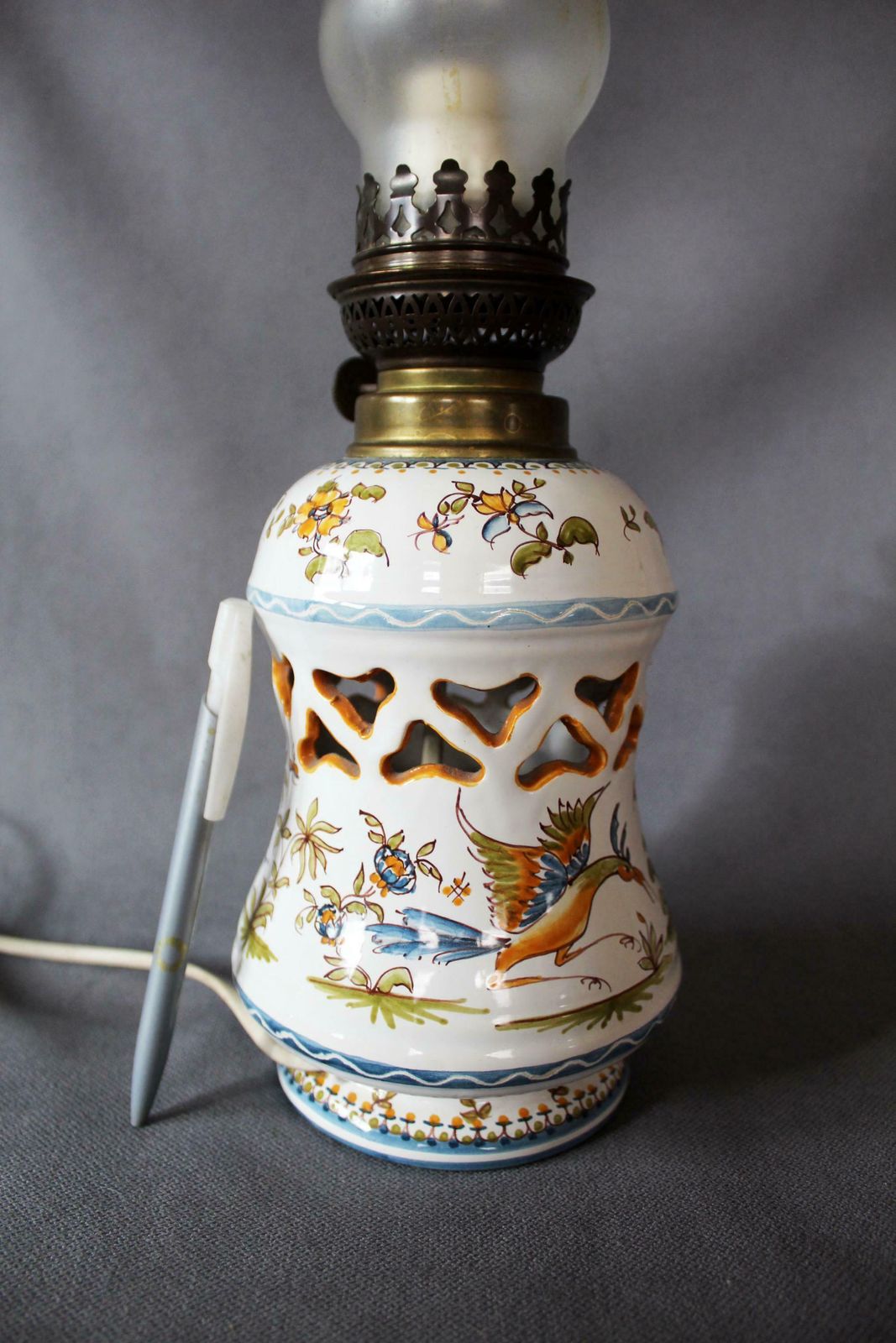 photo furniture Vintage French Ceramic Converted Oil Lamp To Electric Lamp, Moustiers Vallauris, Handpainted, Desk Lamp, Glass Chimney Tube, Exotic Birds