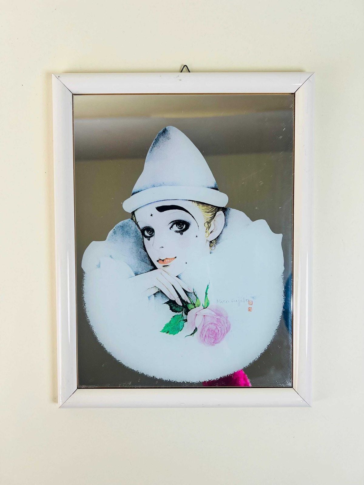 photo furniture Pierrot Mirror Love Print By Mira Fujita   Pierrot With A Rose   1980s  Rare