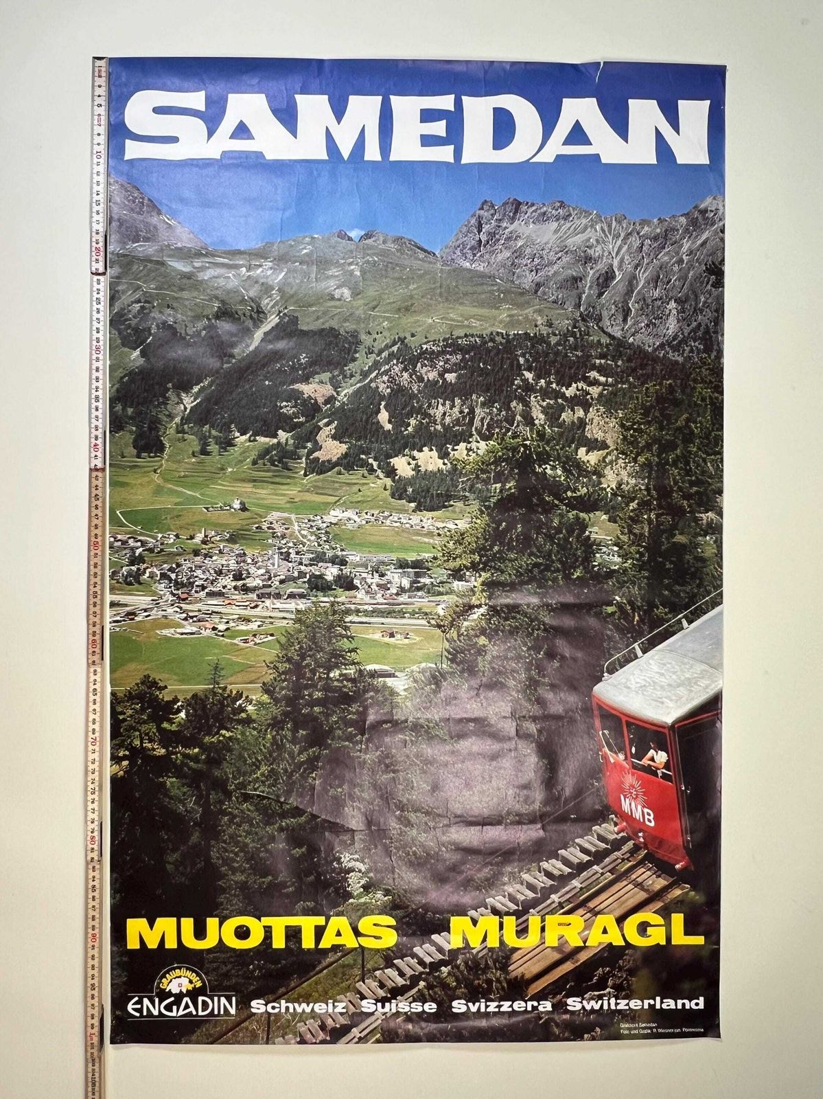 photo furniture Vintage 1970s Swiss Alps Mountain Poster   Samedan Muottas Muragl Funicular Railway Art   Switzerland Travel Decor   Alpine Decor
