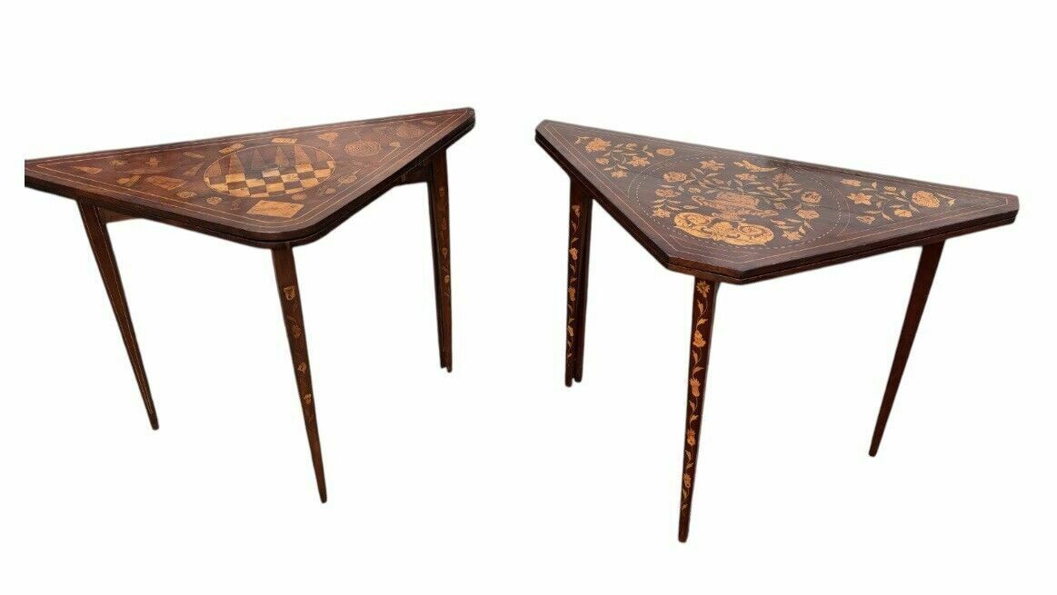 Pair 18thc Dutch Marquetry Games Tables, With Fold Over Lid & Card Playing Area