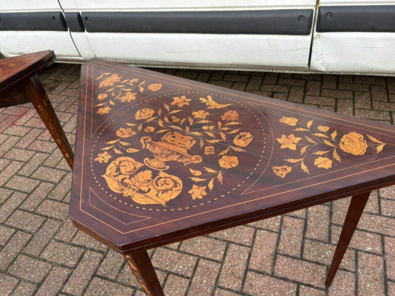 Pair 18thc Dutch Marquetry Games Tables, With Fold Over Lid & Card Playing Area photo for sale