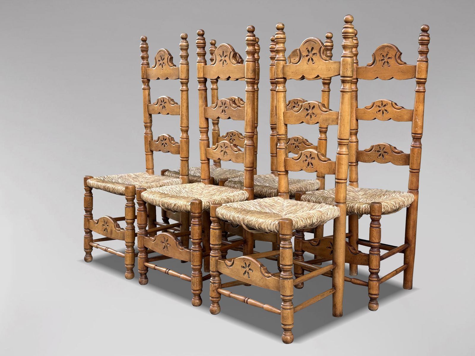 Set Of 6 Spanish Country Style Maple Rush Seat Dining Chairs