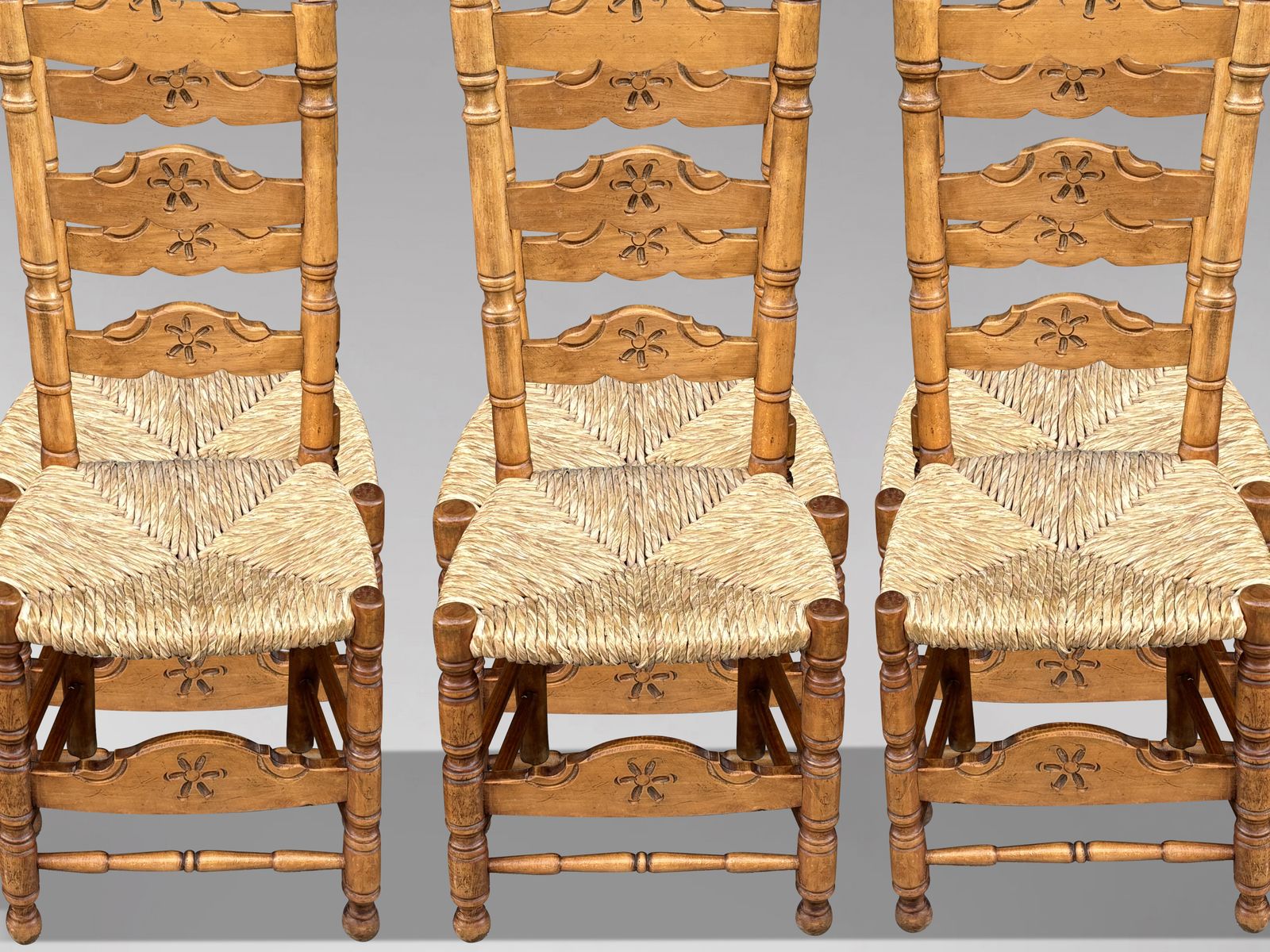 Set Of 6 Spanish Country Style Maple Rush Seat Dining Chairs photo vinterior