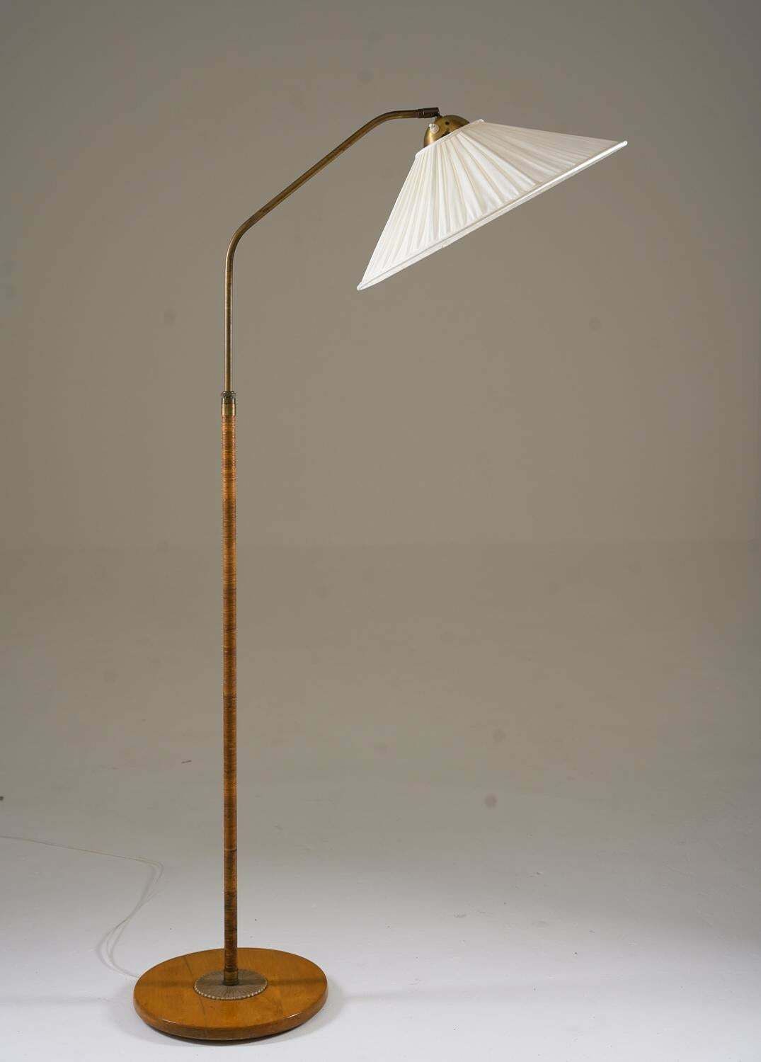 Swedish Modern Floor Lamp In Rattan And Brass, 1940s photo for sale