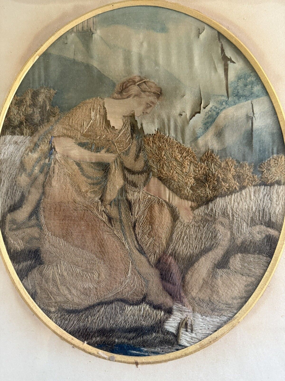photo for sale Pair Of Antique Silk Embroidery Pictures Tapestry Gilt Frame Seated Ladies