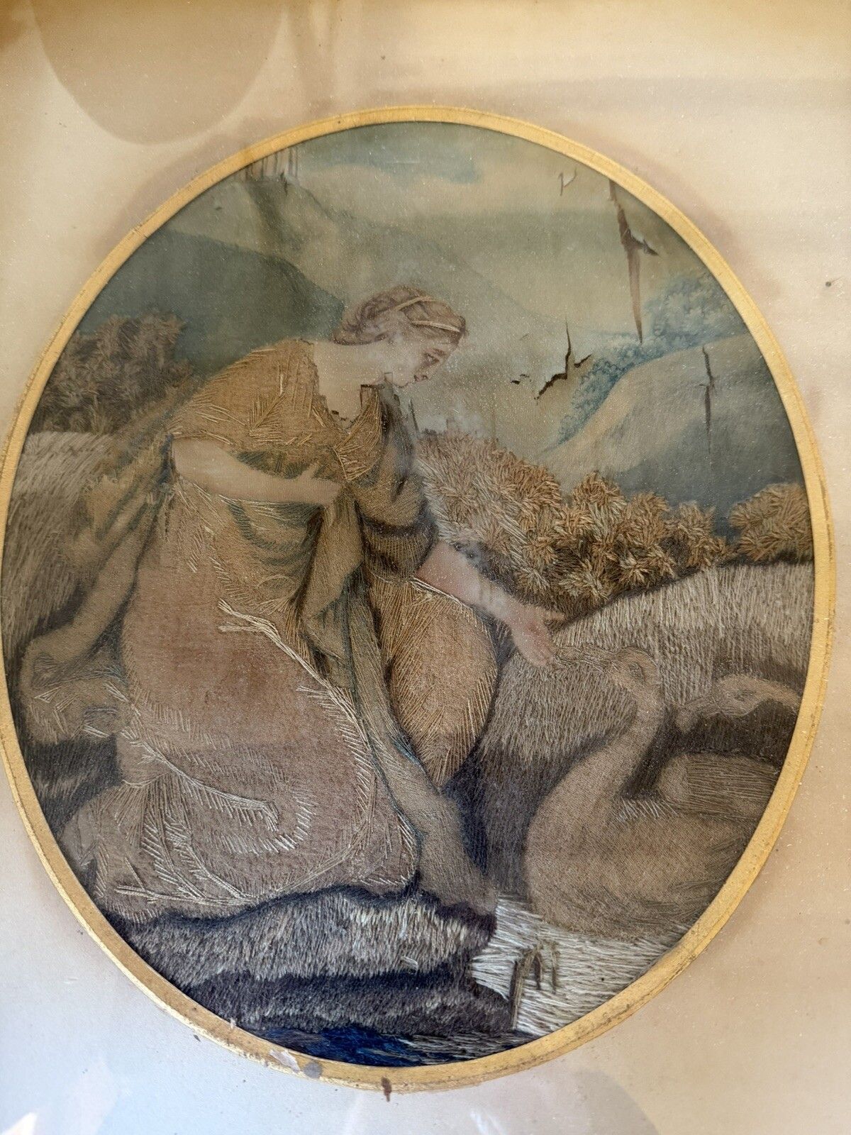 photo vintage Pair Of Antique Silk Embroidery Pictures Tapestry Gilt Frame Seated Ladies