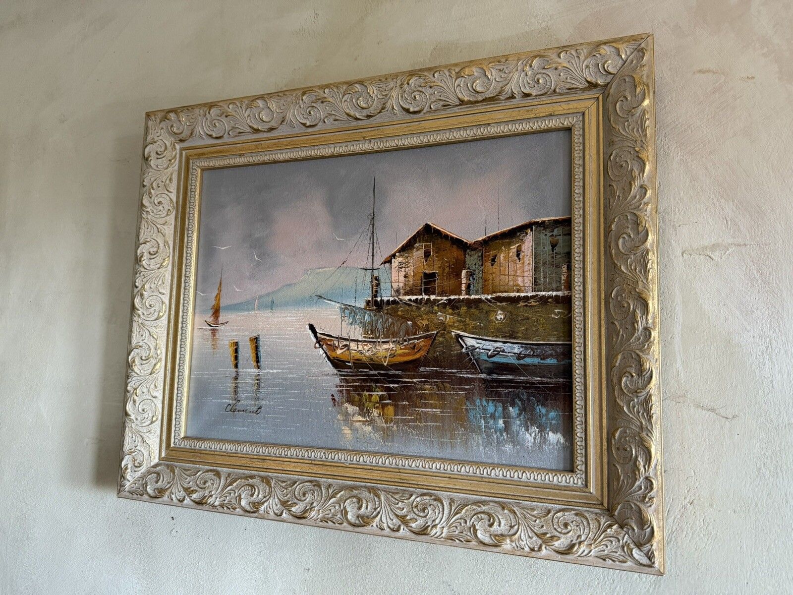 Antique Oil Painting On Canvas Fishing Boats At Bay Signed Clement Gilt & Cream photo for sale