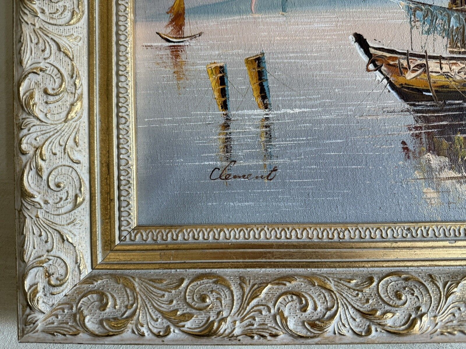 Antique Oil Painting On Canvas Fishing Boats At Bay Signed Clement Gilt & Cream photo vinterior