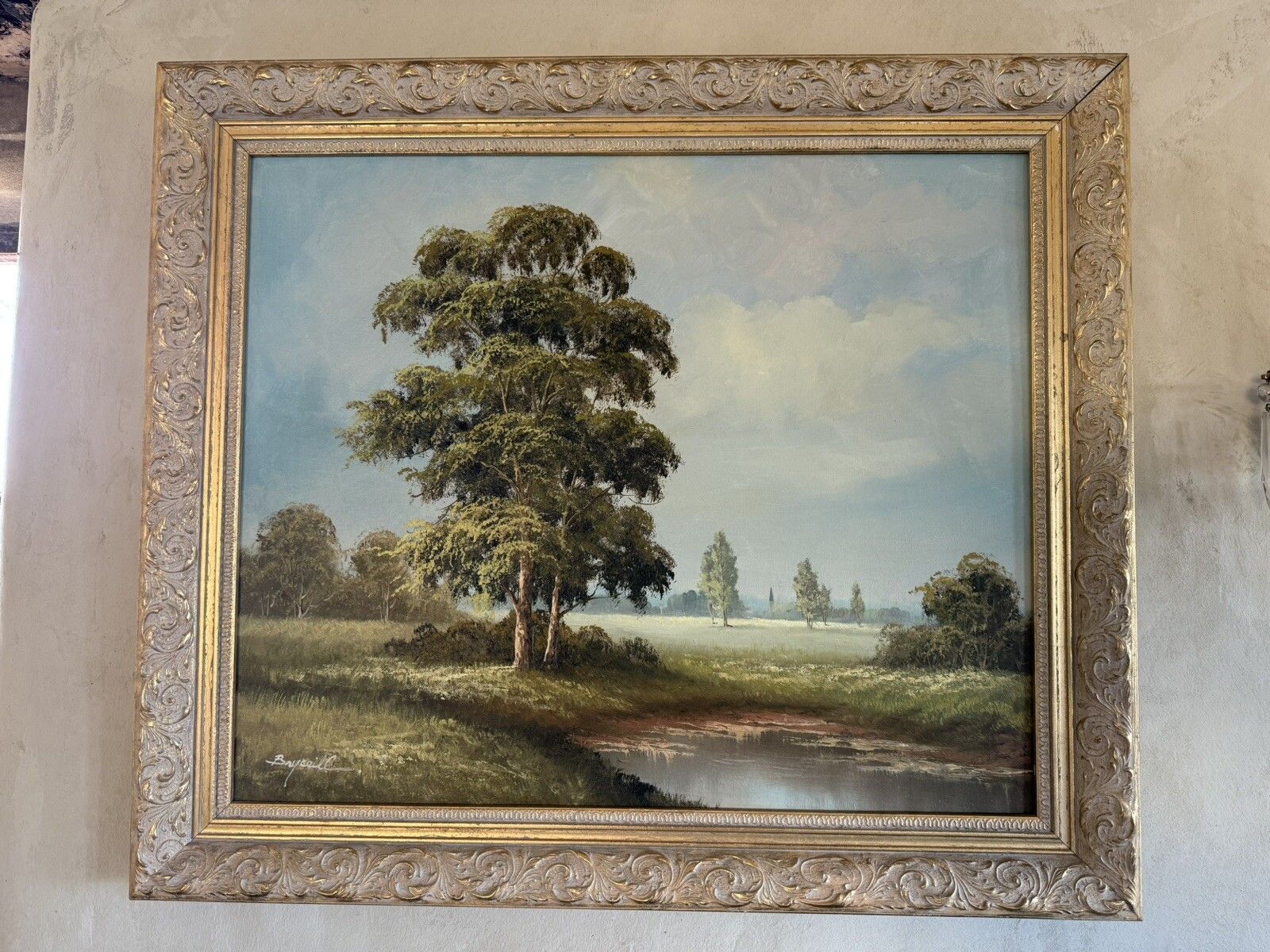 Vintage Oil Painting On Canvas English Summer Day Landscape Signed photo furniture
