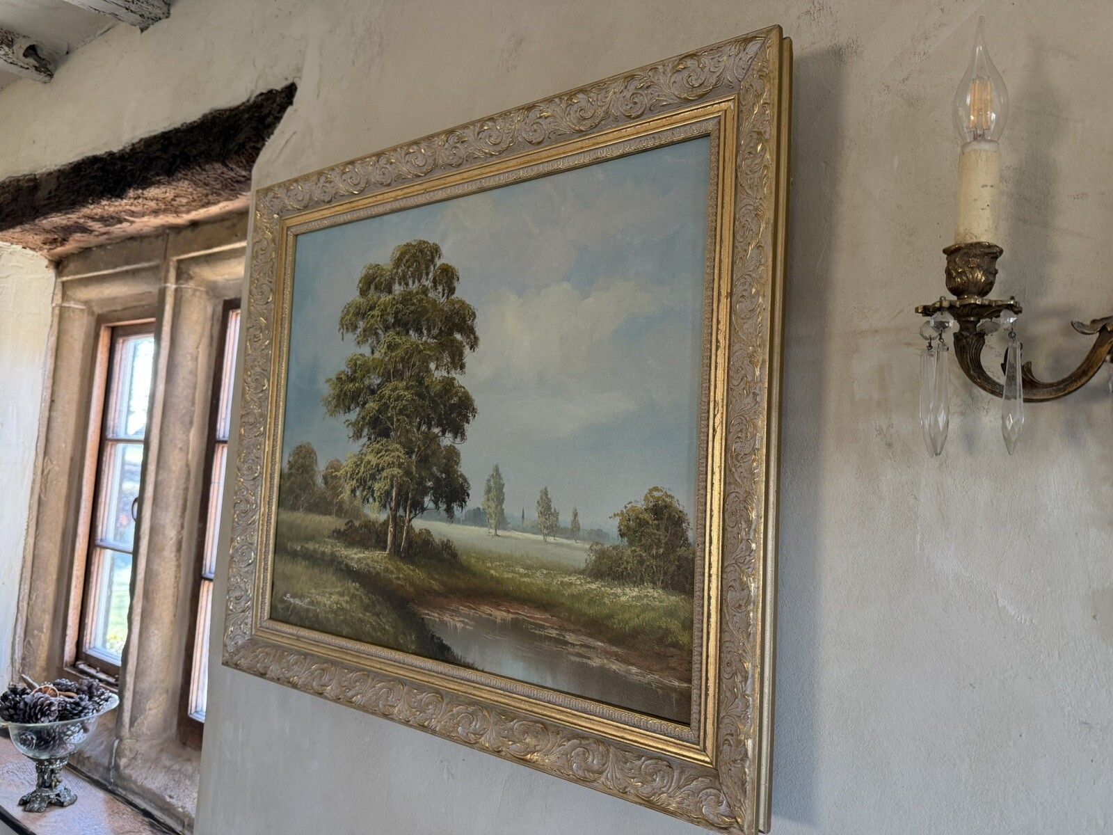 Vintage Oil Painting On Canvas English Summer Day Landscape Signed photo Art