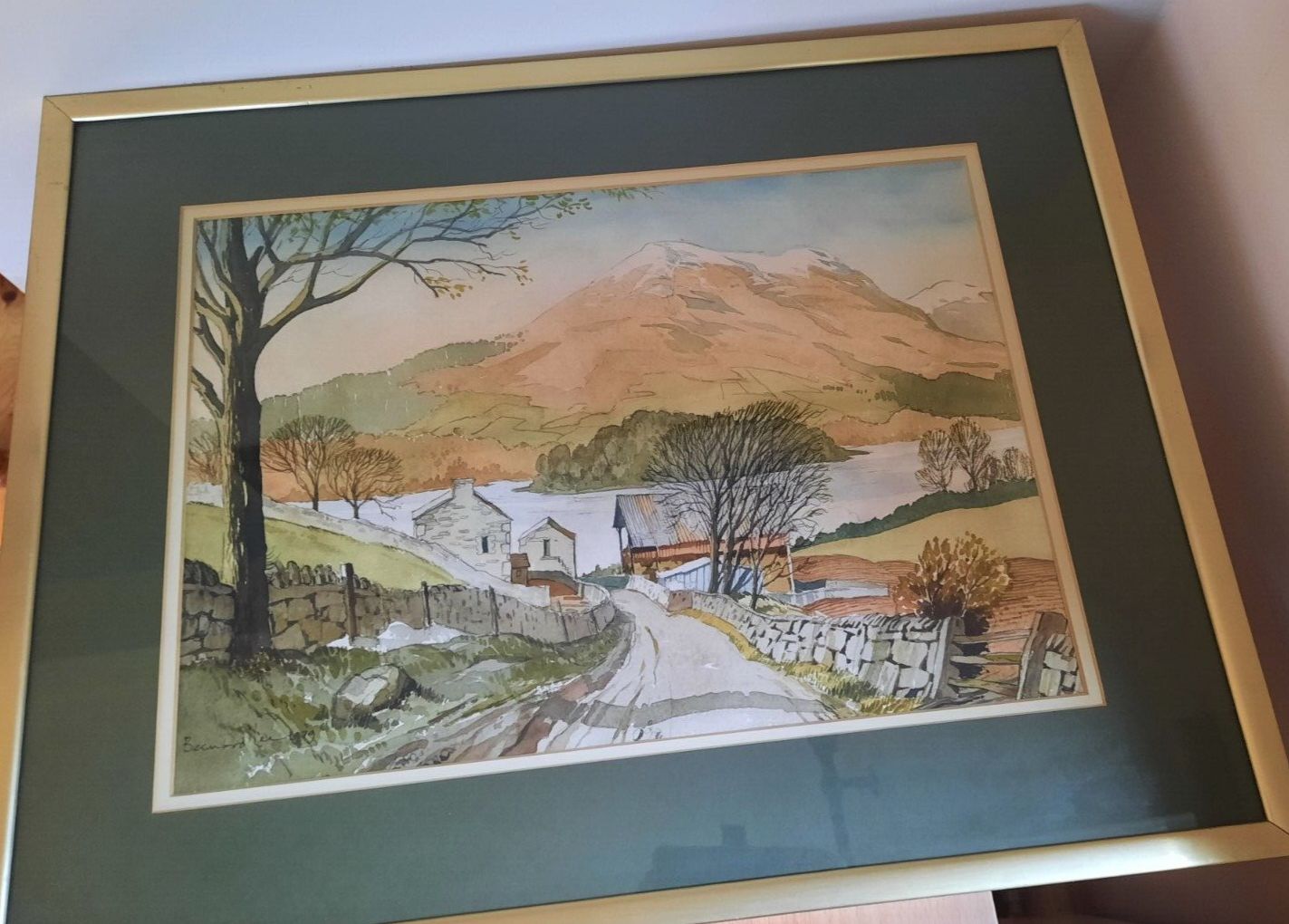 Original Watercolour Snowy Mountain Peak And Rural Setting Signed Bernard Lee