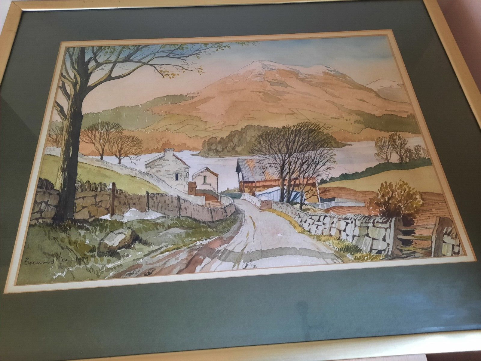Original Watercolour Snowy Mountain Peak And Rural Setting Signed Bernard Lee photo furniture