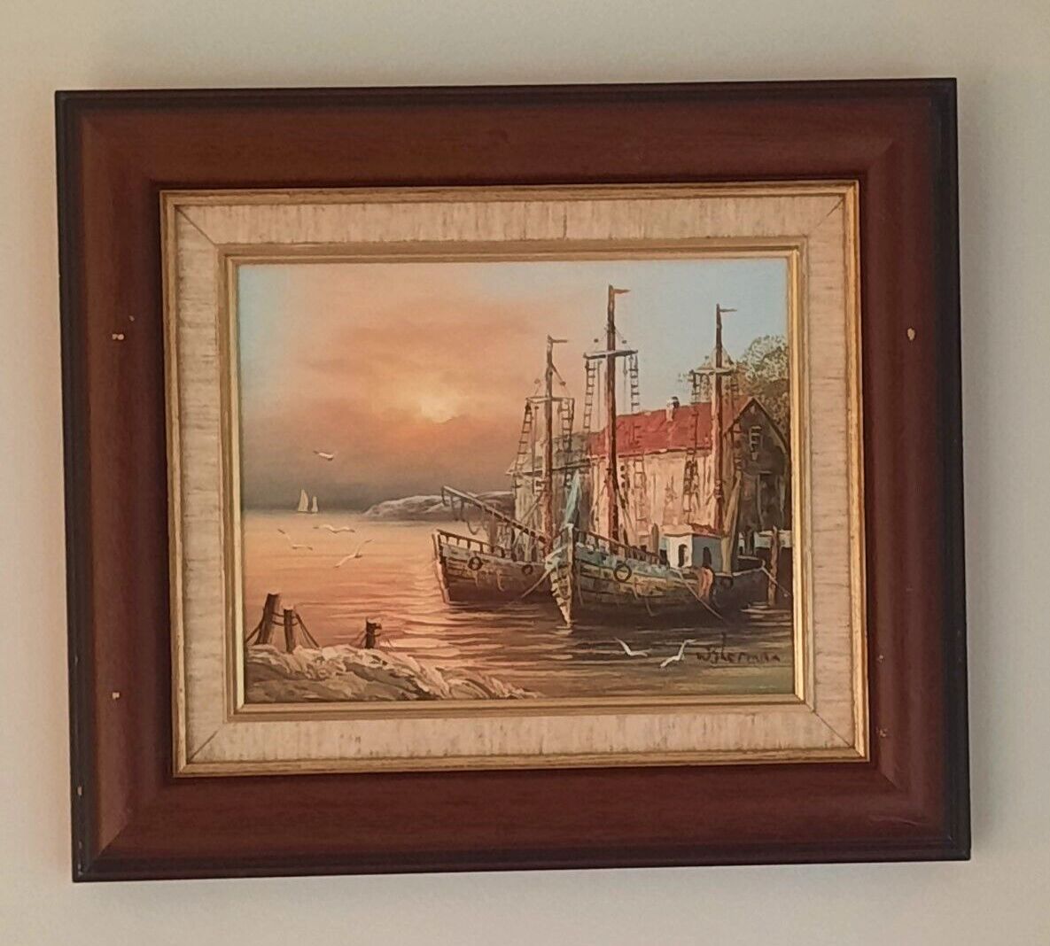 Vintage Oil On Canvas Painting Of Fishing Boats In Harbour By W. Sharman