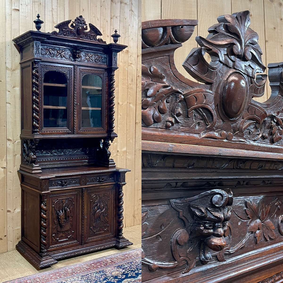 Renaissance 2 Body Sideboard On The Theme Of Hunting And Fishing, 19th Century Work In Oak
