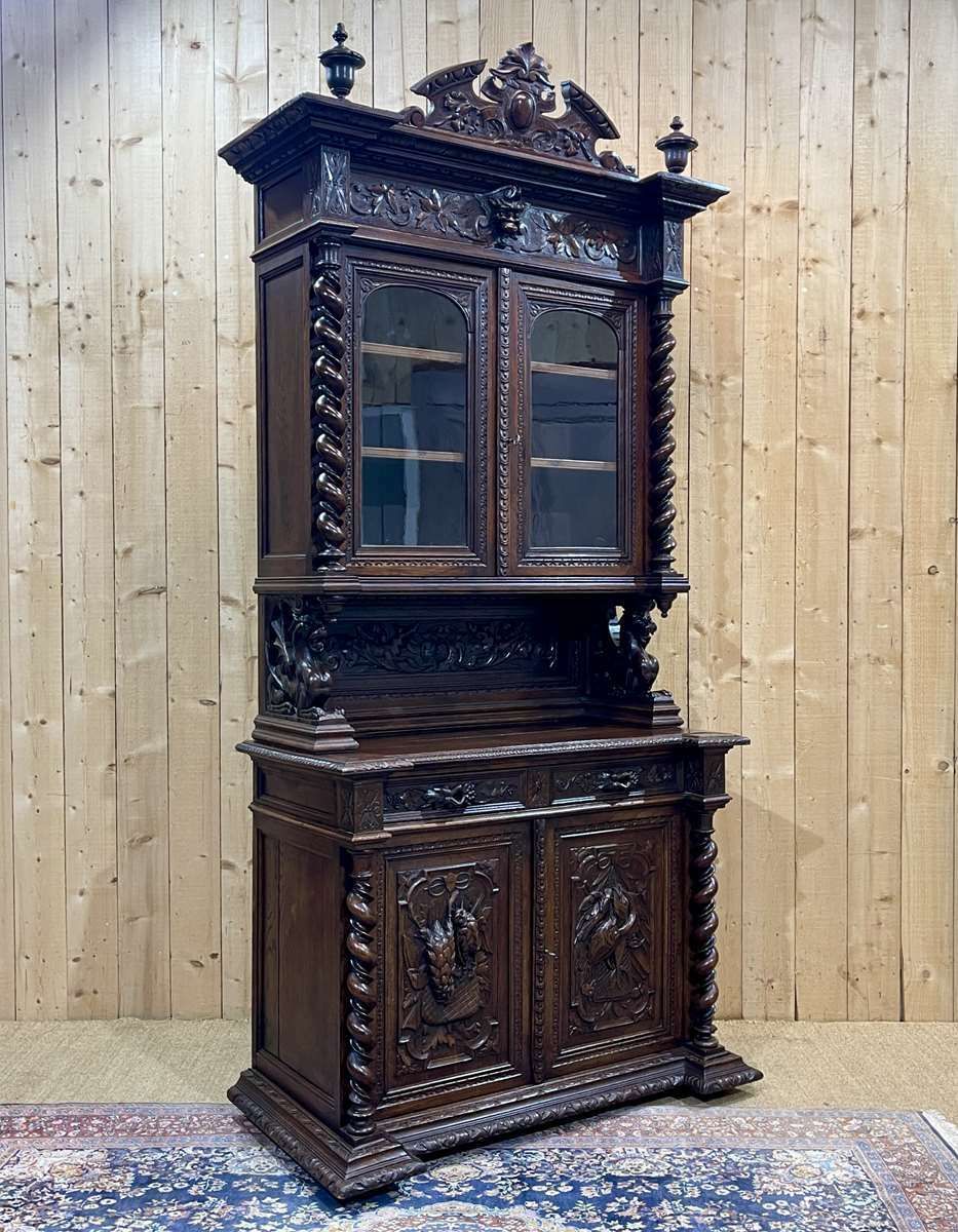 photo vinterior Renaissance 2 Body Sideboard On The Theme Of Hunting And Fishing, 19th Century Work In Oak