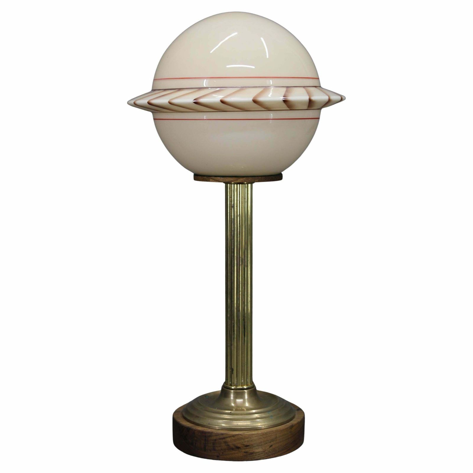 1940s Restored Brass Table Lamp With Wooden Base And Glass Shade