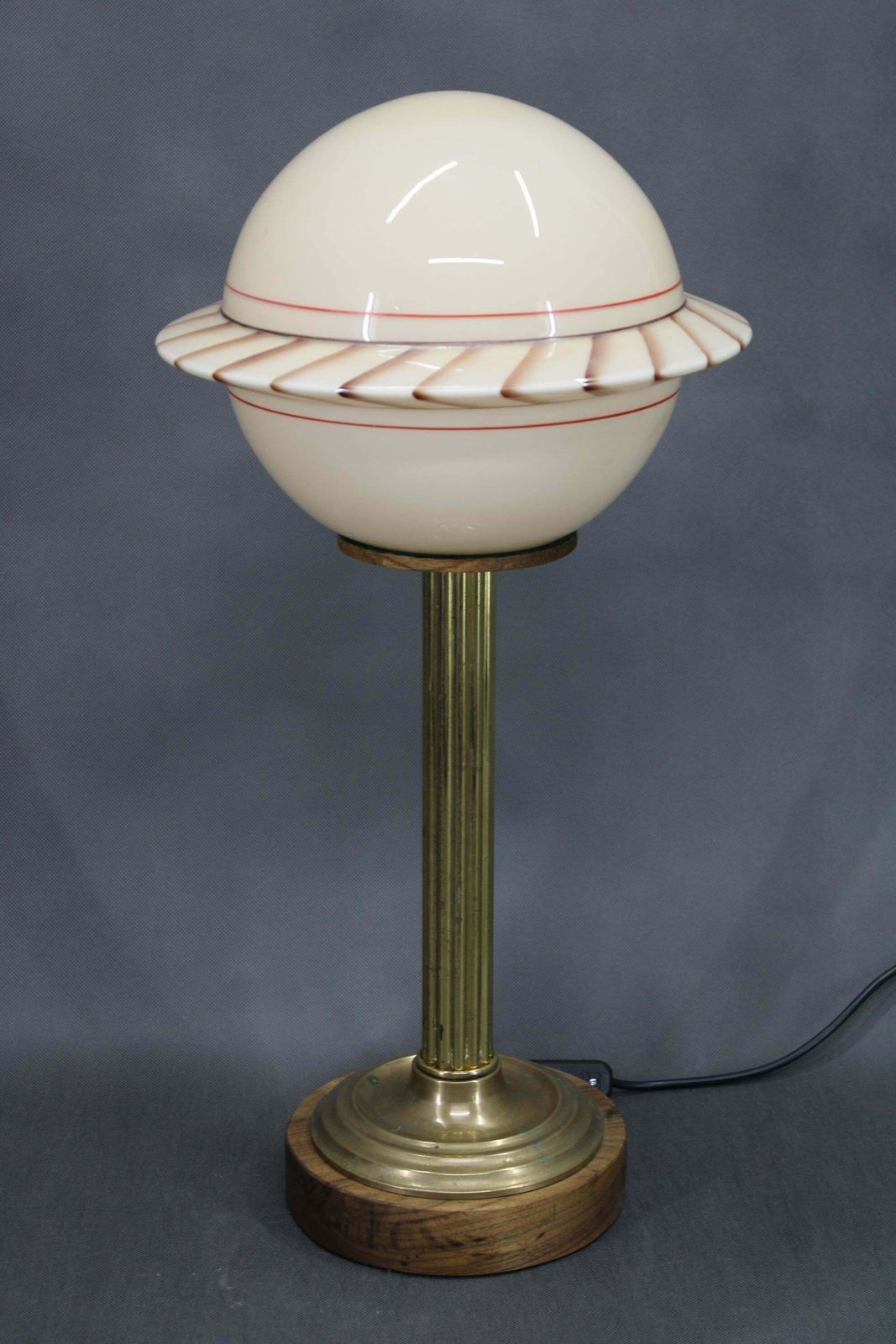 1940s Restored Brass Table Lamp With Wooden Base And Glass Shade photo furniture