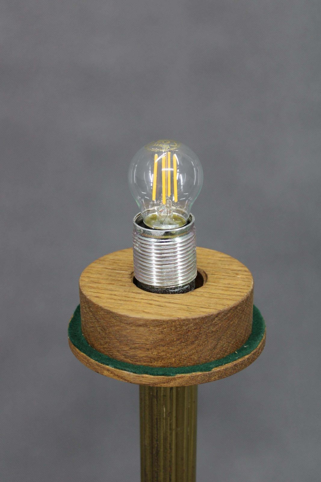 1940s Restored Brass Table Lamp With Wooden Base And Glass Shade photo vinterior
