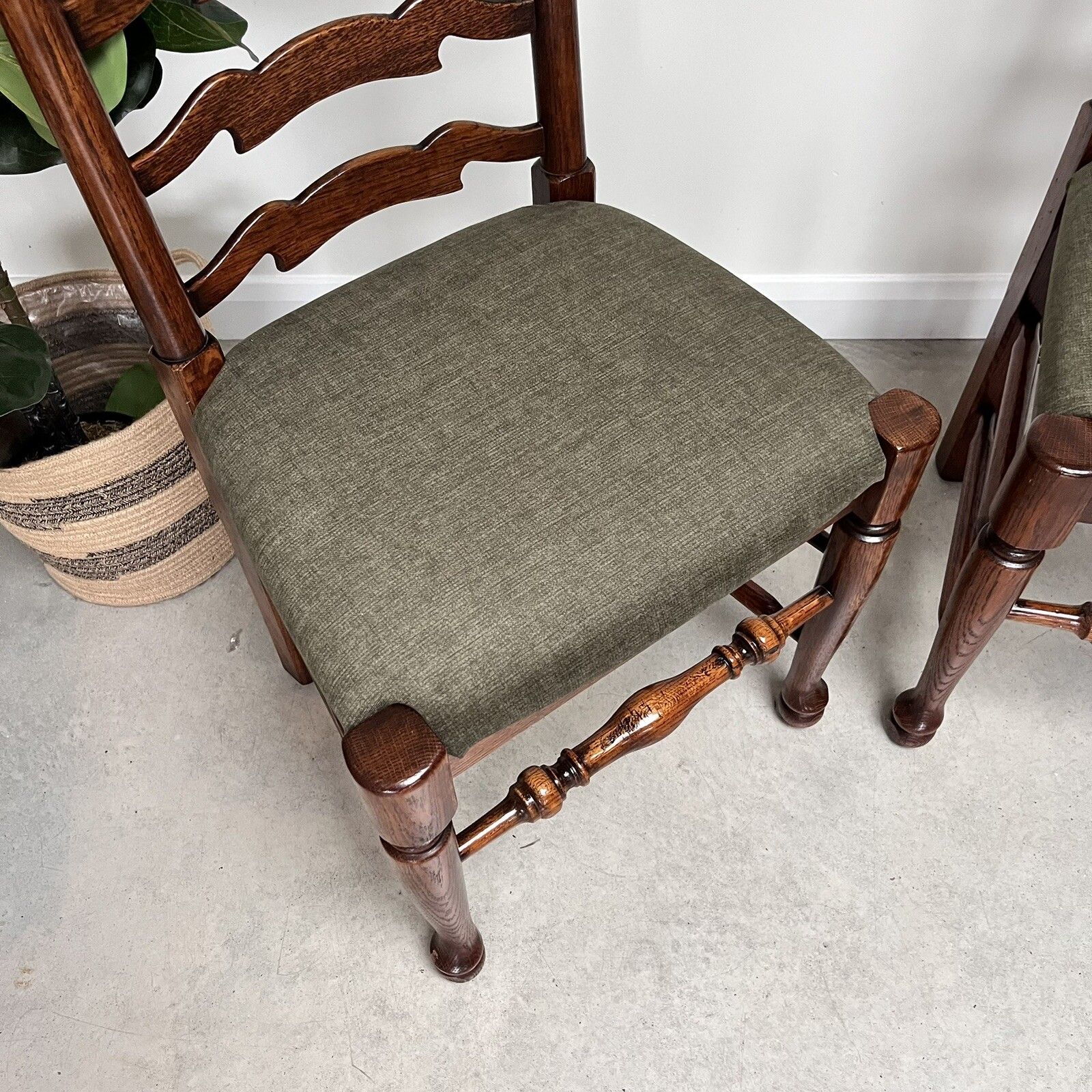 Pair Of Vintage Oak Wavy Line Ladderback Dining Chairs, 1980s, Reupholstered photo Furniture