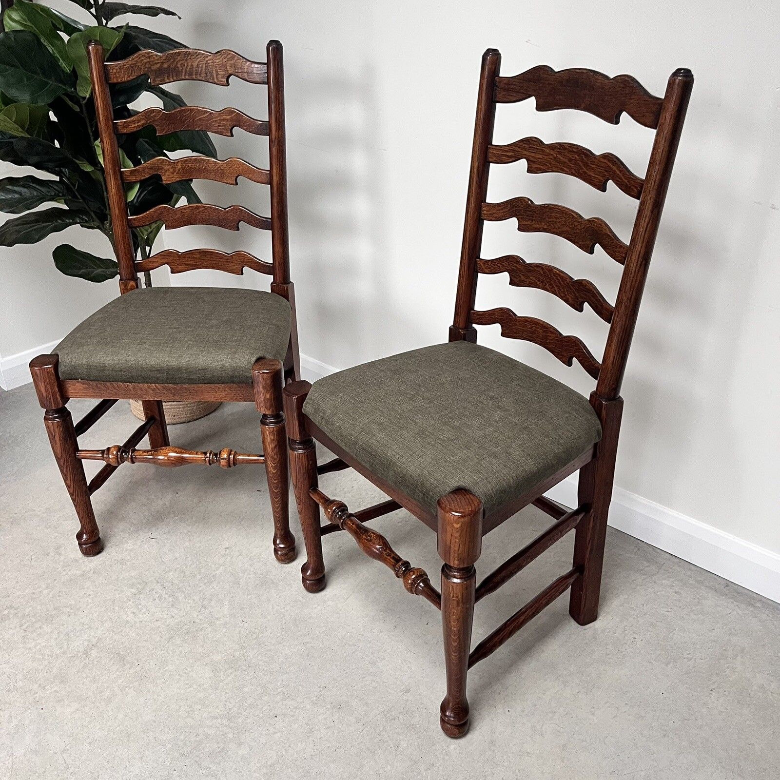 photo for sale Pair Of Vintage Oak Wavy Line Ladderback Dining Chairs, 1980s, Reupholstered