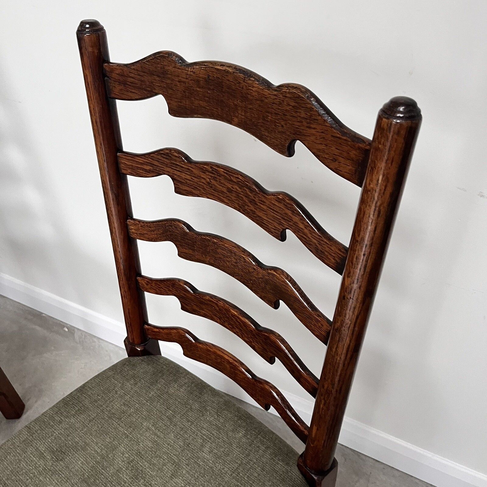 Furniture Pair Of Vintage Oak Wavy Line Ladderback Dining Chairs, 1980s, Reupholstered photo