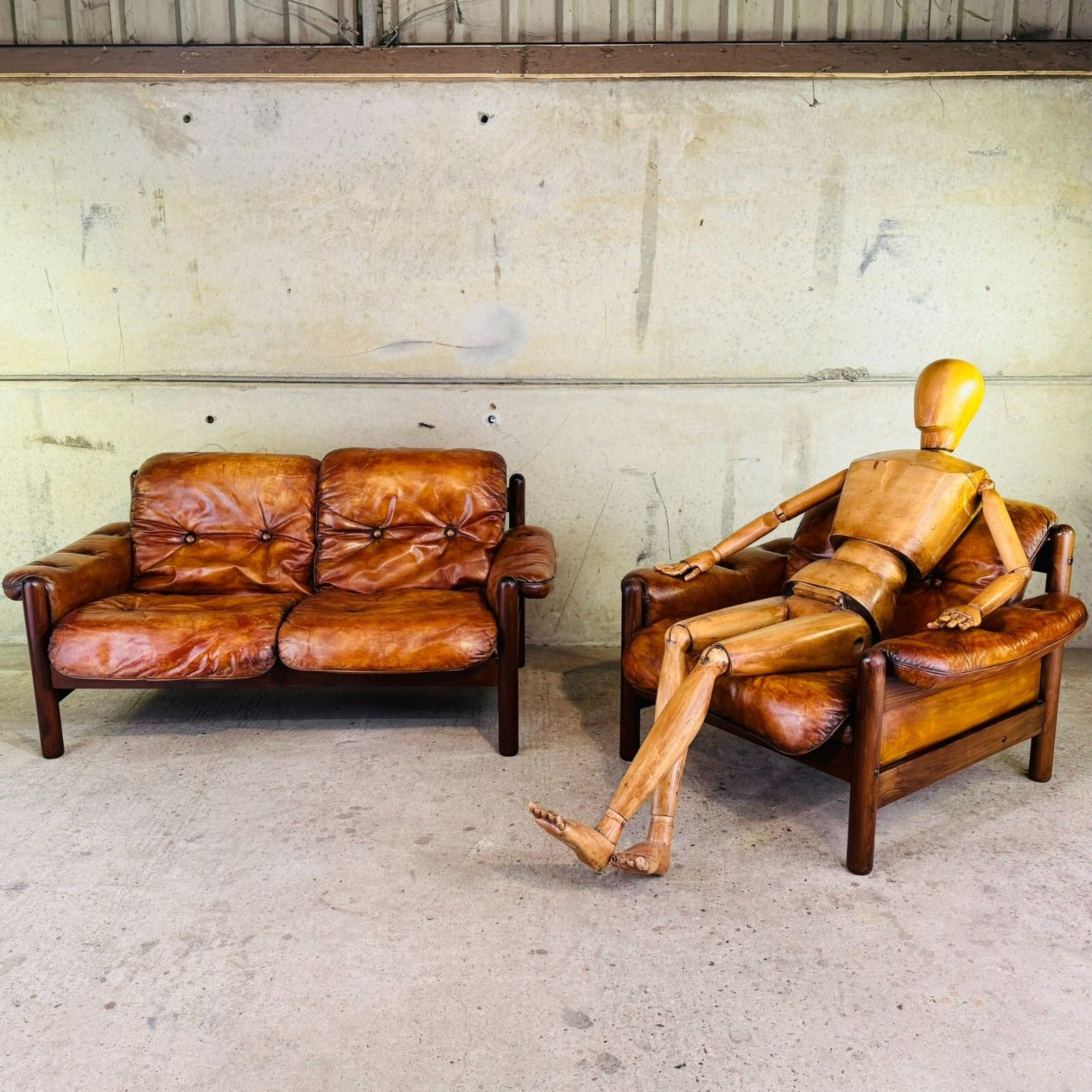 Vintage 1970s Swedish Arne Norell Two Seater Sofa & Chair Tan Leather Set #A457 photo furniture