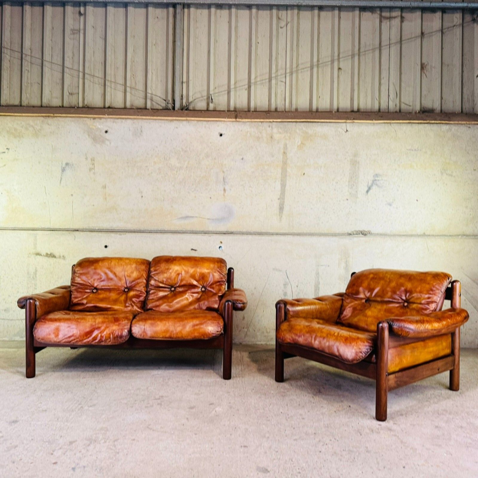 Vintage 1970s Swedish Arne Norell Two Seater Sofa & Chair Tan Leather Set #A457 photo for sale