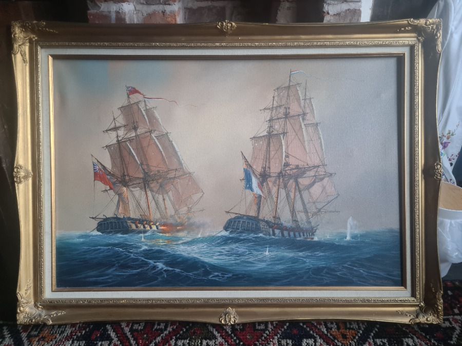 Frigate Action Scene   French Frigate Cléopâtre Against Hms Nymphe By Donald Macleod, Oil On Canvas photo 795.0