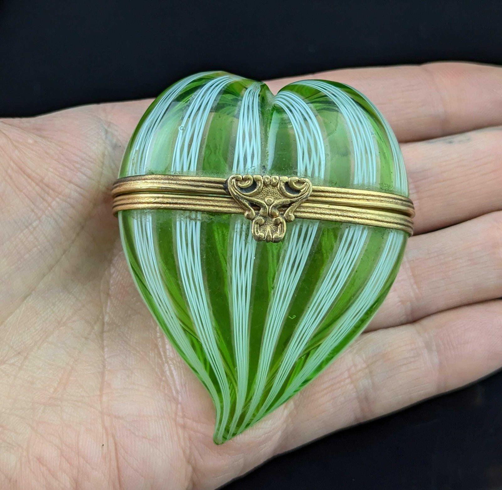 photo for sale Antique Glass Witches Heart Box, Striped Glass