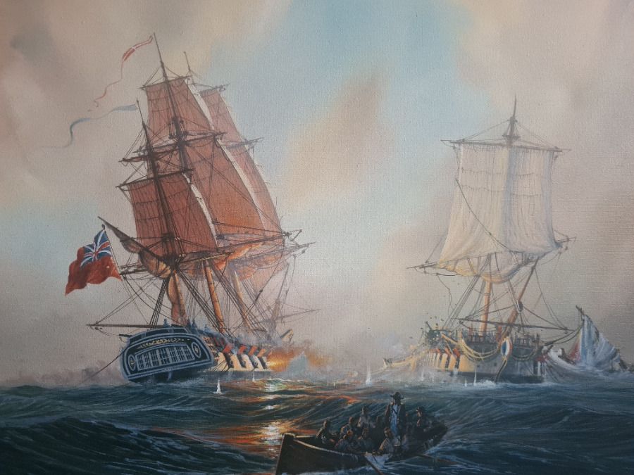 Frigate Action Scene   French Frigate Cléopâtre Against Hms Nymphe By Donald Macleod, Oil On Canvas