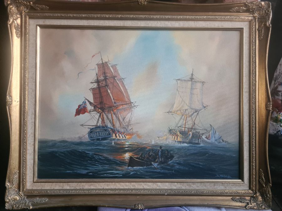 Frigate Action Scene   French Frigate Cléopâtre Against Hms Nymphe By Donald Macleod, Oil On Canvas photo furniture
