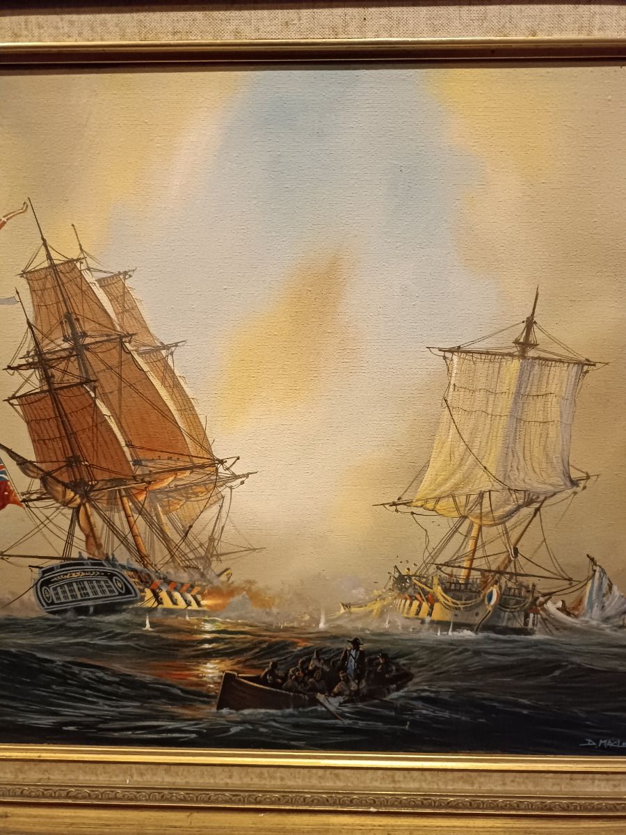Frigate Action Scene   French Frigate Cléopâtre Against Hms Nymphe By Donald Macleod, Oil On Canvas photo Art