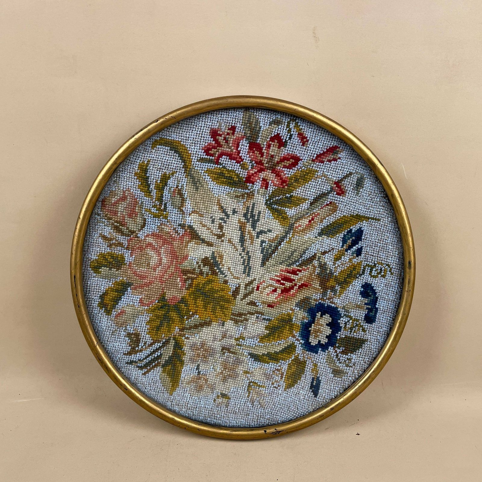 Antique Wooden Tray Glass Top Circle Wood Hand Embroidered Beaded Handmade Floral Pattern Circular Patterned Display Decorative Picture