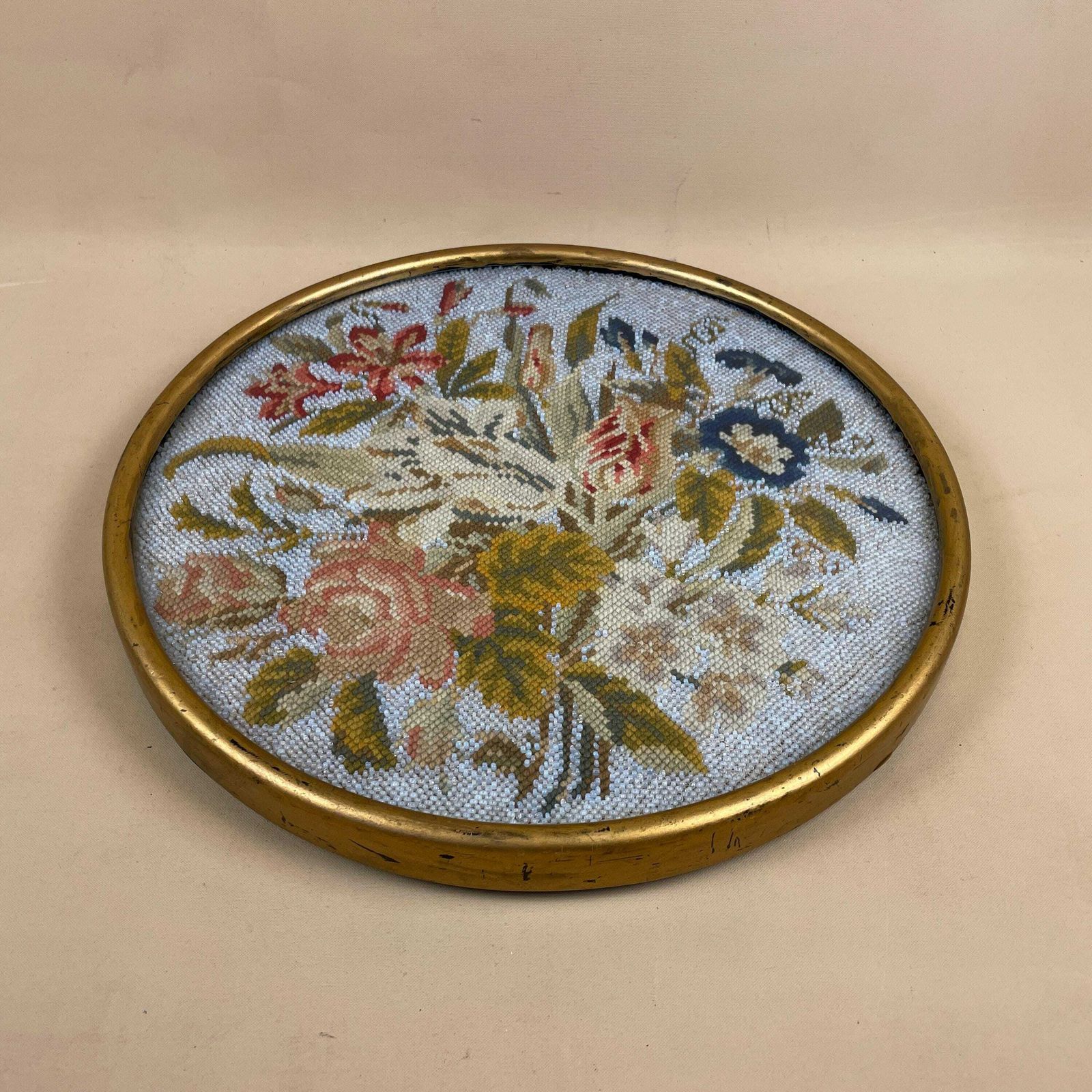 Antique Wooden Tray Glass Top Circle Wood Hand Embroidered Beaded Handmade Floral Pattern Circular Patterned Display Decorative Picture photo furniture