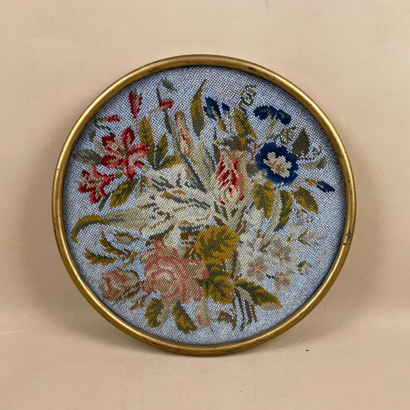 Antique Wooden Tray Glass Top Circle Wood Hand Embroidered Beaded Handmade Floral Pattern Circular Patterned Display Decorative Picture photo buy