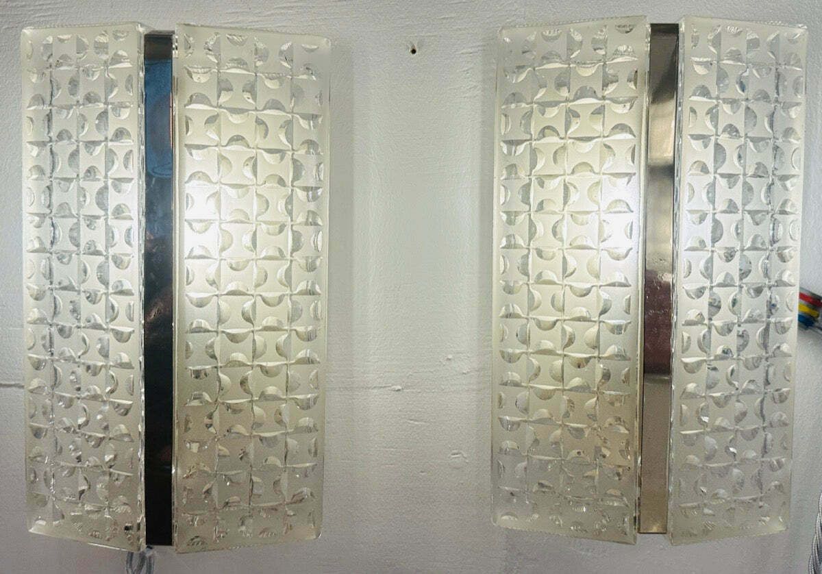 Pair Of 1960s Kaiser Leuchten Frosted Glass & Chrome Wall Lights photo for sale