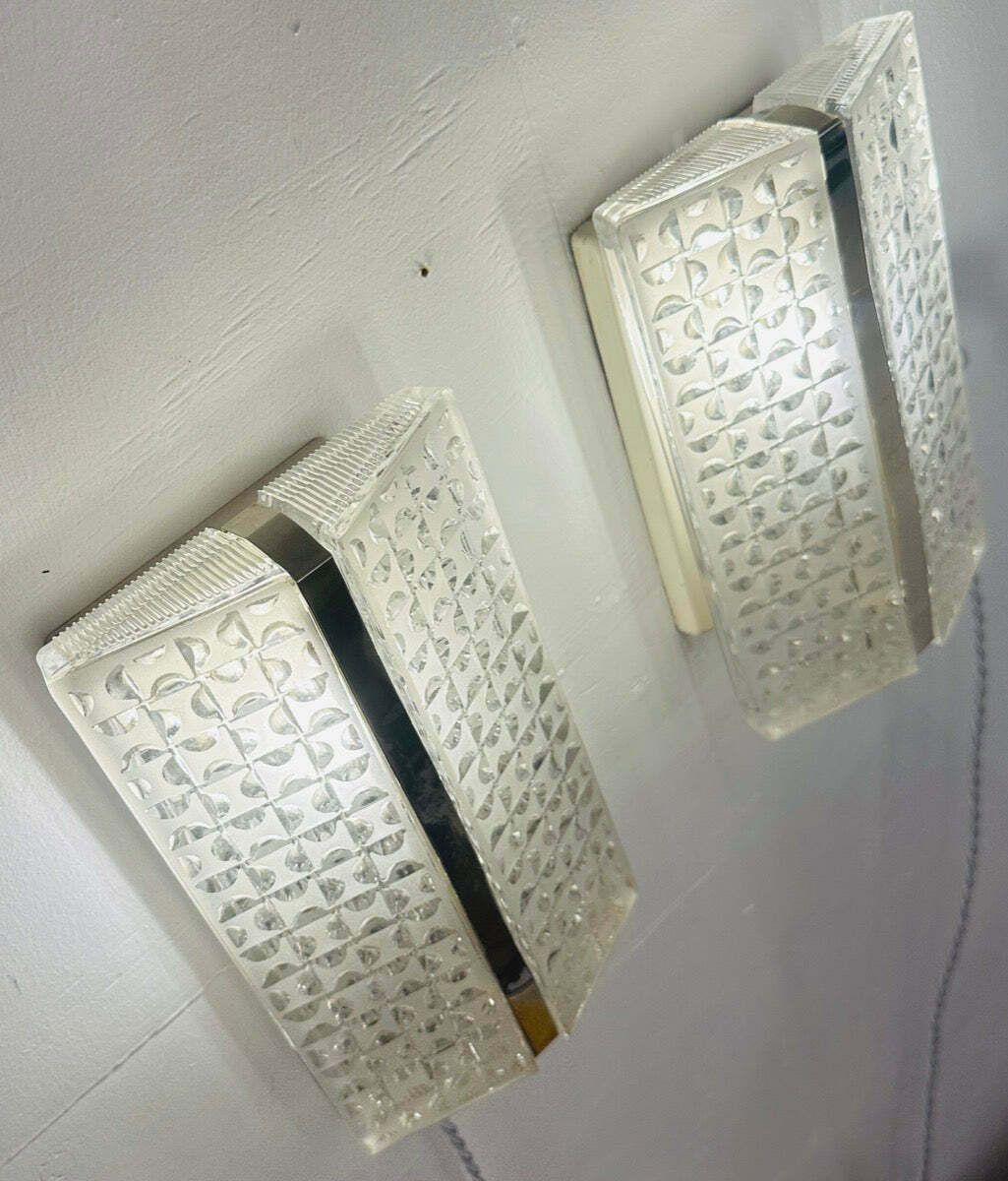 Pair Of 1960s Kaiser Leuchten Frosted Glass & Chrome Wall Lights photo vintage