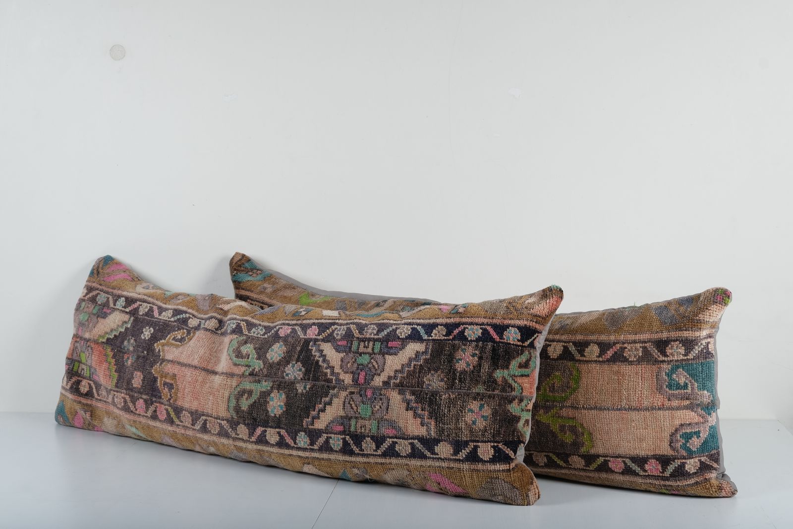 Set Of Two Turkish Oushak Pillows   Pair Dark Brown Green Faded Wool Bedding Covers For Unique Home Accents photo for sale