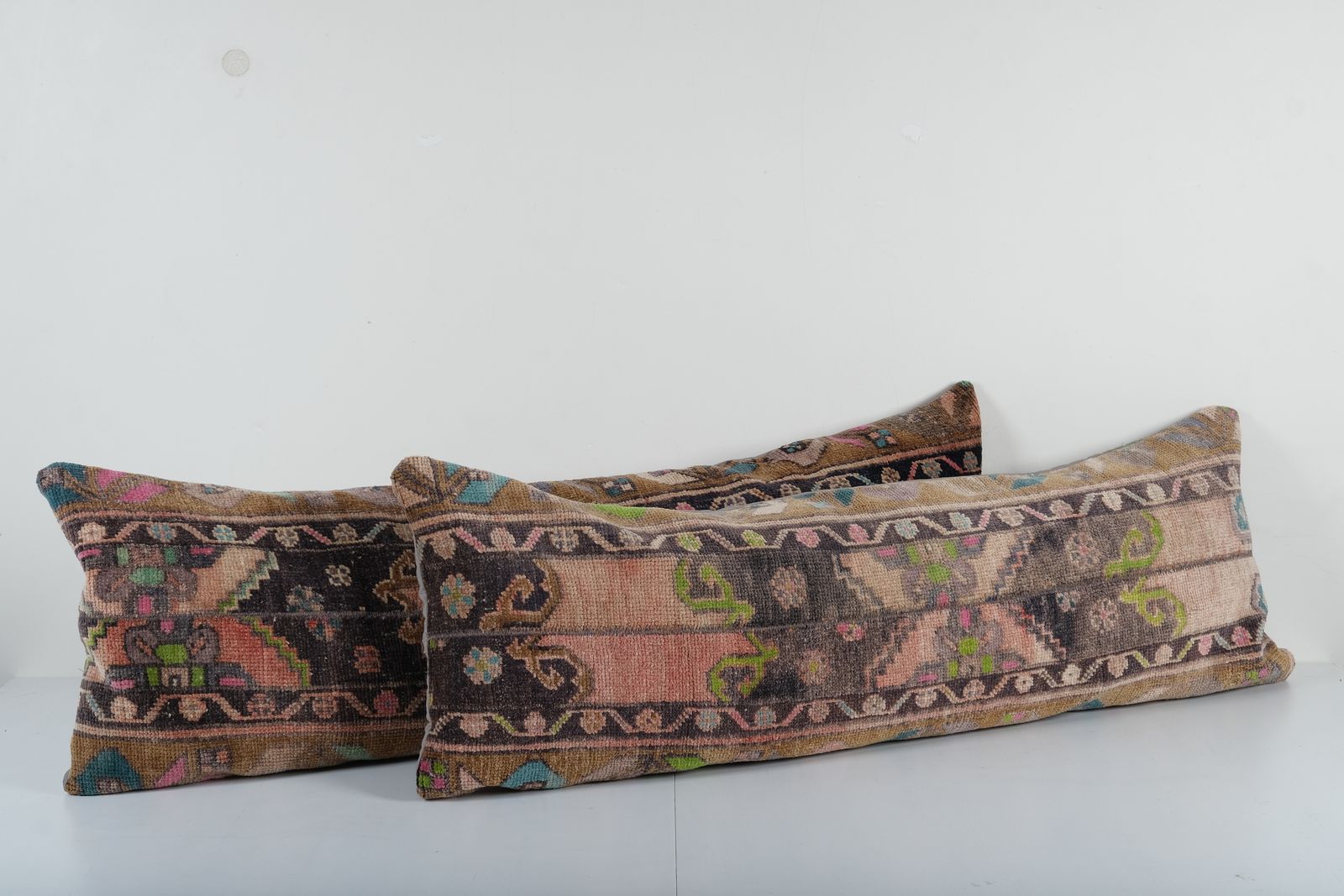 Set Of Two Turkish Oushak Pillows   Pair Dark Brown Green Faded Wool Bedding Covers For Unique Home Accents photo Textiles