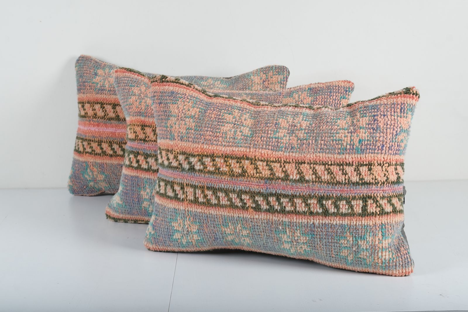 Set Of Three Turkish Oushak Rug Pillow Cover, Matching Pink And Blue Boho Woven Lumbar  Pillow Cover photo for sale