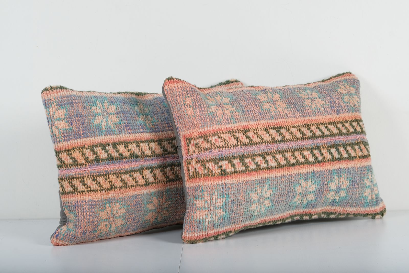 Set Of Two Turkish Rug Pillow Covers   Handmade Pink And Blue Wool Oushak Lumbar Cushions For Cozy Home Decor photo furniture