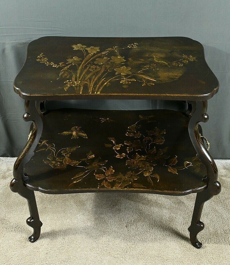 photo for sale Lacquered Wooden Tea Table With Asian Decorations – Late 19th Century