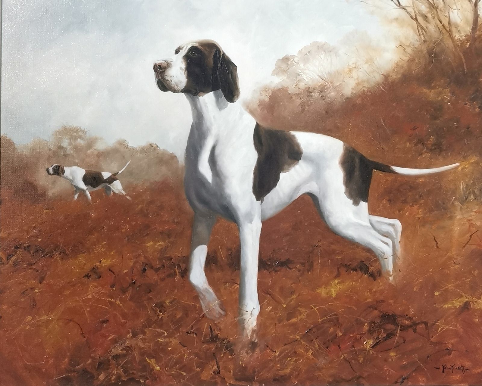 John Trickett (British B.1951)  Pointers In The Field, Oil On Canvas Signed Bottom Right. photo furniture